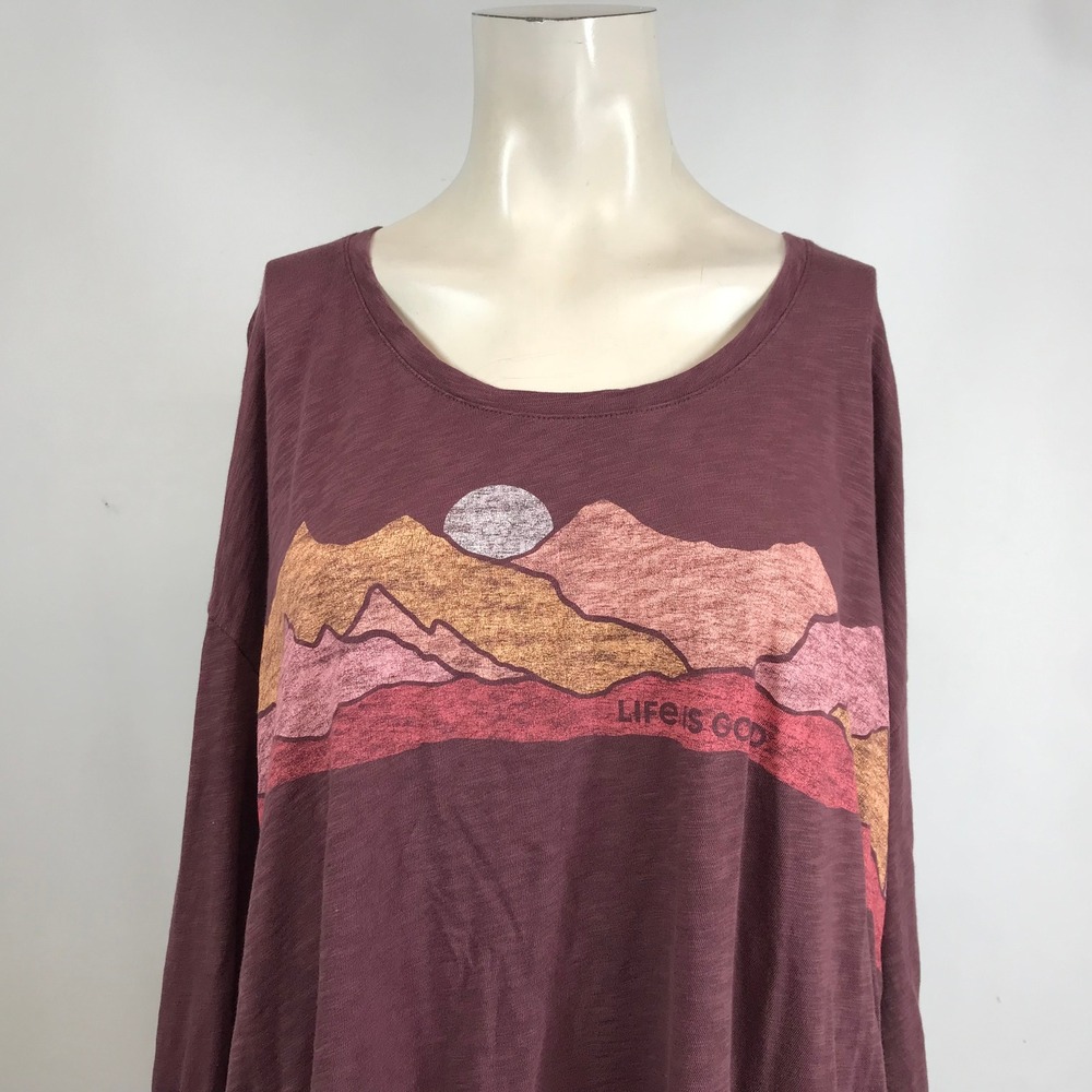 Life Is Good Women's Long Sleeve Tee in Plum with Sunset Graphic - Picture 2 of 7